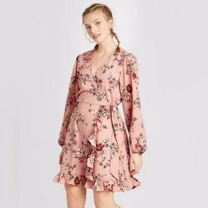 Xhilaration Pink Floral Long Sleeve Wrap Dress Size XS